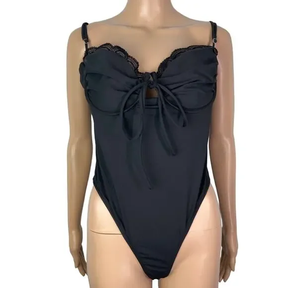 New Princess Polly Monument Black Lace Bra Top Thong Bodysuit - Picture 2 of 14